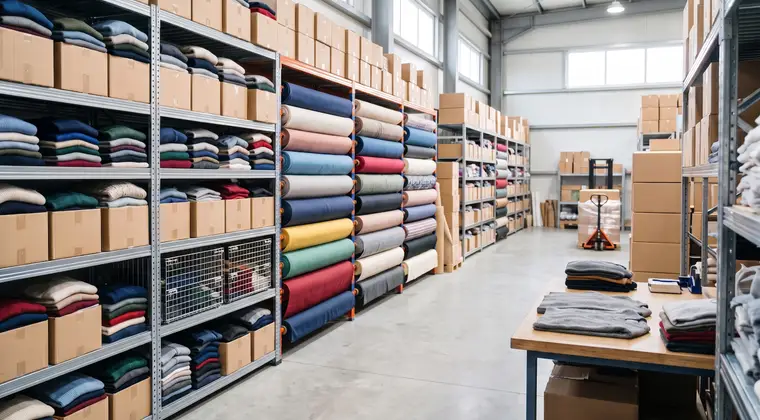 Fabric rolls and packed textiles in a warehouse