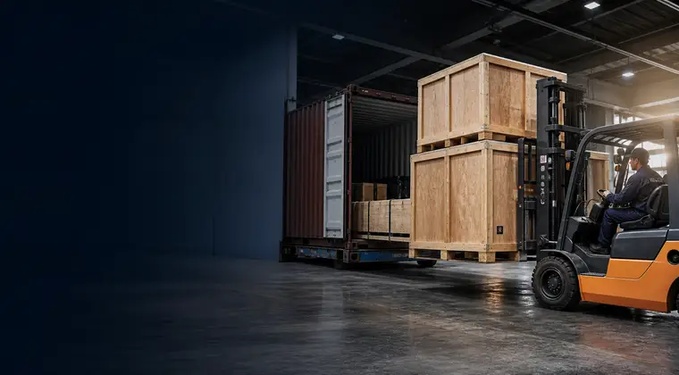 Wooden crates being handled beside an open freight container