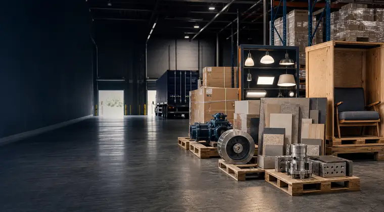 Illustrative mix of crated equipment, material samples and commercial fixtures