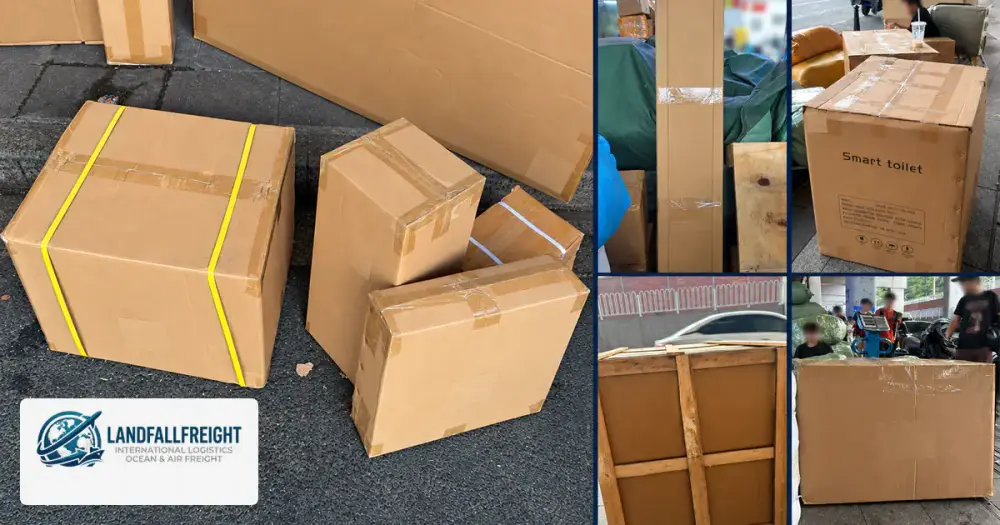 Collage showing mixed cartons, long cargo, large packaged goods and wooden-frame protection during consolidation in Guangzhou.